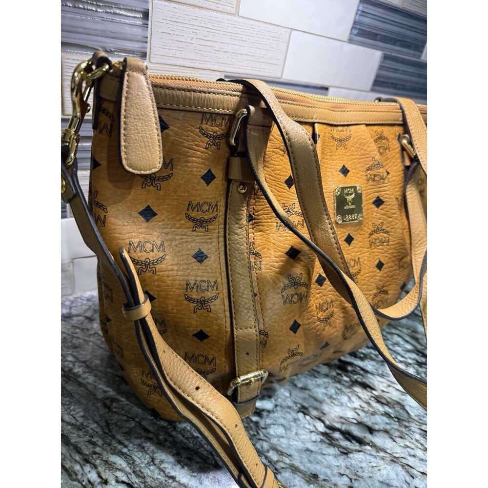 MCM Visetos Cognac 2-Way Tote EUC Fantastic Bag For Fall Plastic on Hardware - Picture 3 of 16
